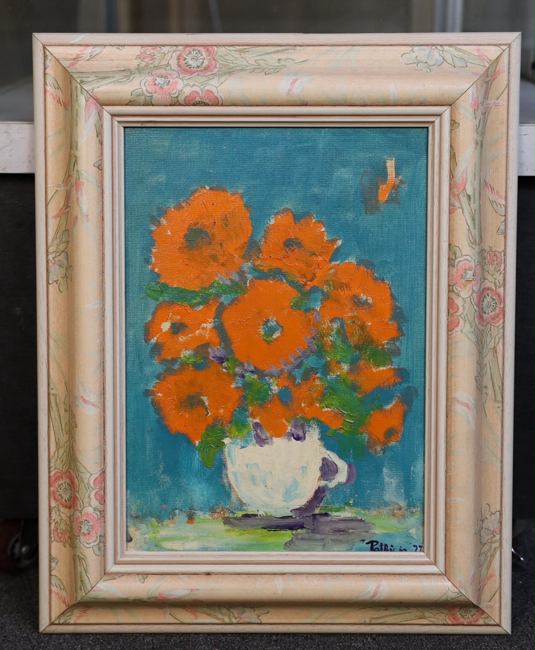 James Lawrence Isherwood (British, 1917- 1989), 'Marigolds', oil on board, 34 x 24cm